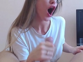 Sexy teen with despondent glasses gives a real blowjob