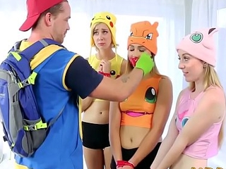 Cosplay teens muff eaten and fucked during pokemon party